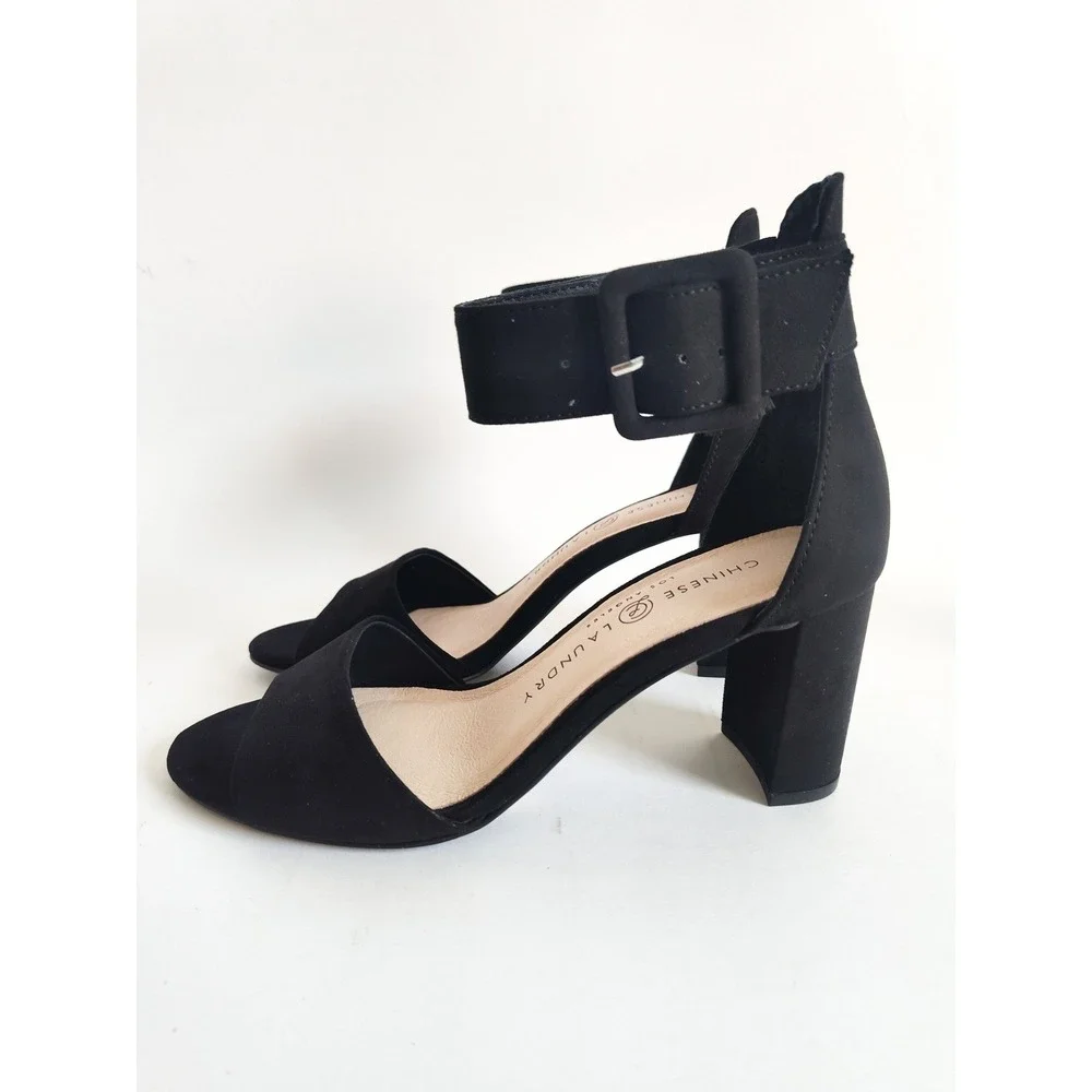 New Chinese Laundry Sandals 6.5 Black Block Heel Ankle Strap Buckle Minimalist
